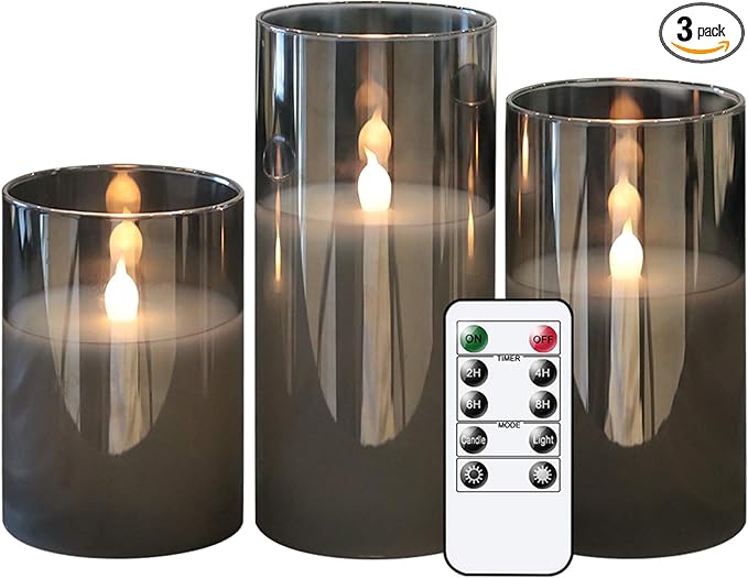 GenSwin Gray Glass Battery Operated Flameless Led Candles with 10-Key Remote and Timer, Real Wax Candles Warm White Flicke...