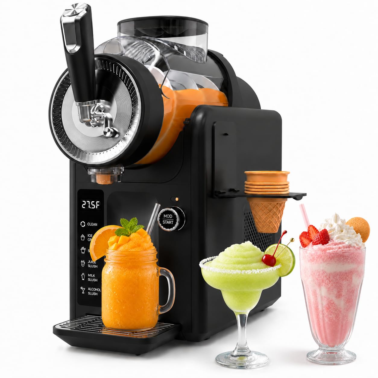 SYINTAO Slushie Machine No Ice Needed, 2-in-1 Frozen Drink & Soft Serve Ice Cream Maker, Self-Chilling Slushy Maker with 5 Presets, LED Display & Auto Clean for Home & Party (Black)