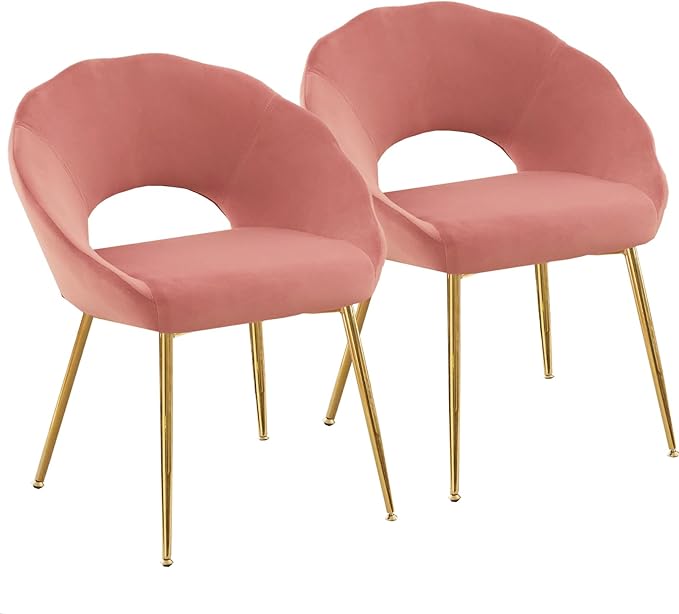 YDcosyfy Modern Small Accent Chair Set of 2, Comfy Velvet Vanity Chair with Shell Back & Golden Metal Legs, Decorative Chair no Wheels for Living Room, Makeup Room, Bedroom, Pink