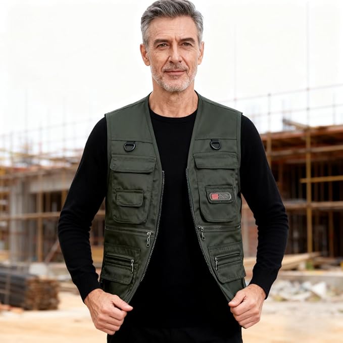 1PC Men's Heavy Duty Lined Vest with 10 Pockets, Warm Padded Sleeveless Jacket for Fishing, Hiking, Photography, Work Oliv...
