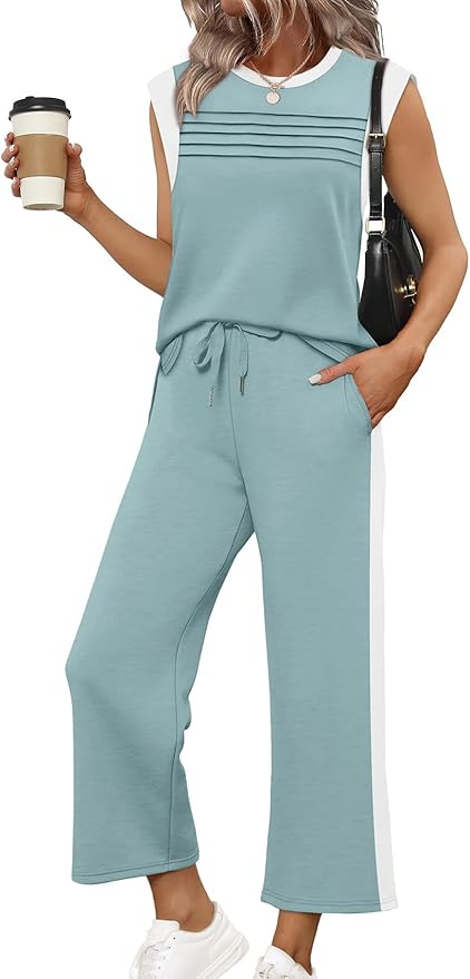 WIHOLL 2 Piece Sets for Women Summer Lounge Sets Travel Vacation Outfits Cap Sleeve Sweatsuit Side Slit Wide Leg Pants S-3XL