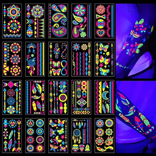 Glow in the Dark Tattoos 172 PCS – Glow in the Dark Party Supplies, Neon Body Paint Be UV Blacklight Reactive Face Tempora...