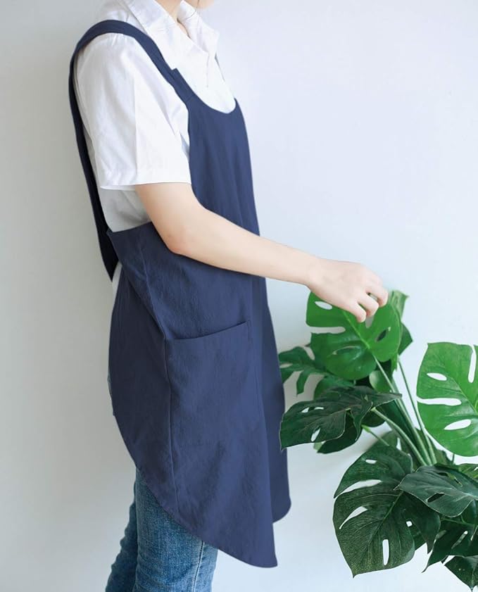 Japanese Style Linen Cotton Cross Back Pinafore Apron with Pockets for Women Ladies Men Chef Kitchen Cooking Baking