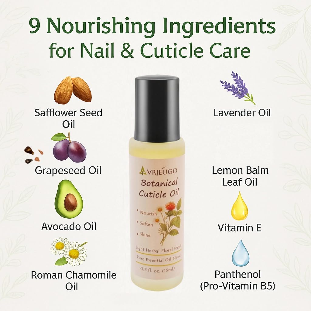 VRJEUGO Cuticle Oil Roll-On for Nails & Cuticles - 100% Natural Nourishing Formula with Chamomile, Lavender & Lemon Balm - Moist