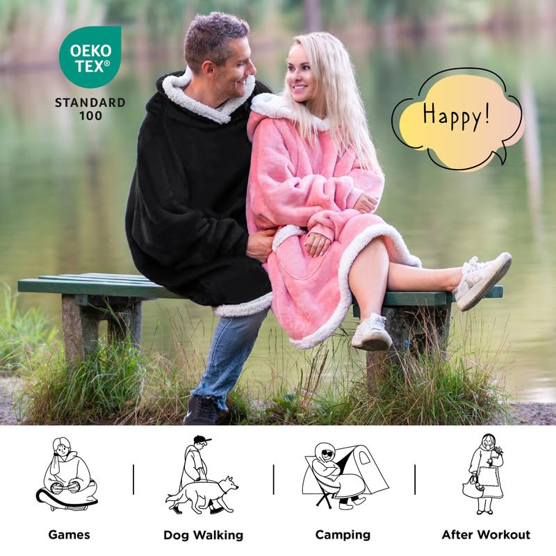 Bedsure Blanket Hoodie, Wearable Blanket for Adults & Kids as Gifts for Women Men, Birthday Gifts for Women Mom Girl Sherpa Oversized Hoodie, Black, Oversize