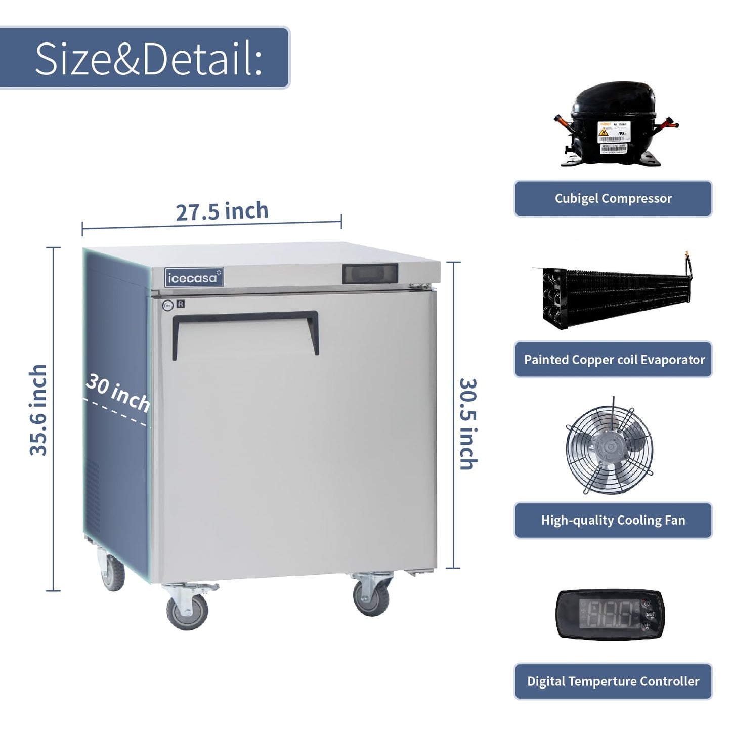 ICECASA 27" W Commercial Refrigerator Worktop Undercounter Refrigerator Single Door Stainless Steel Counter Fan Cooling Refrigerator 7 Cu.ft for Restaurant, Bar, Shop, etc