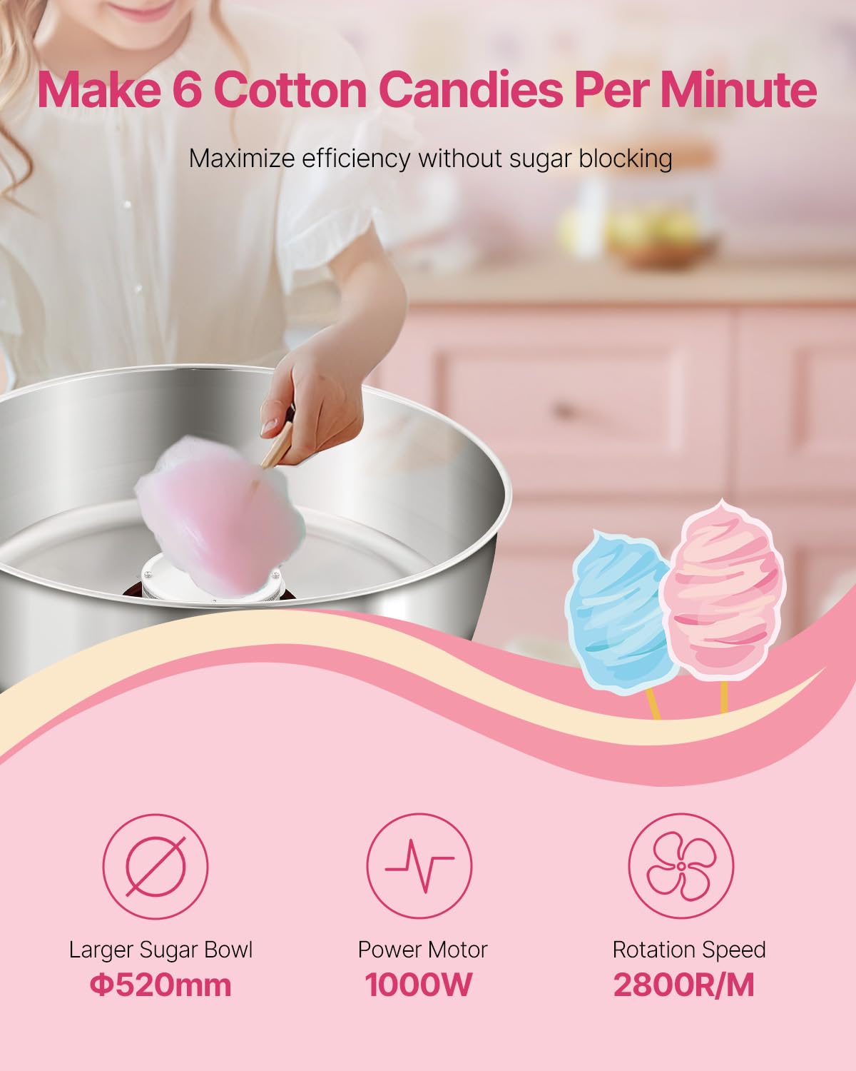 VEVOR Electric Cotton Candy Machine, 1000W Commercial Candy Floss Maker with 20.5 in Stainless Steel Bowl, Sugar Scoop, and Drawer, Easy Home Use, Perfect for Kids Birthday, Family Party, Red