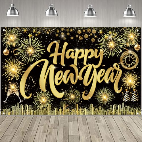 Famoby Happy New Year Fabric Sign Poster Banner Backdrop with Pattern Firework Champagne for Photo Booth Background New Ye...