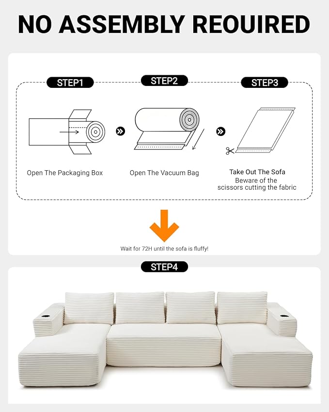 132 Inch Modular Sectional Sleeper Sofa, Boneless Cloud Couch for Living Room, U Shaped 5 Seat Sofa with 2 Cup Holders, Free Combination, No Assembly Required (Beige)