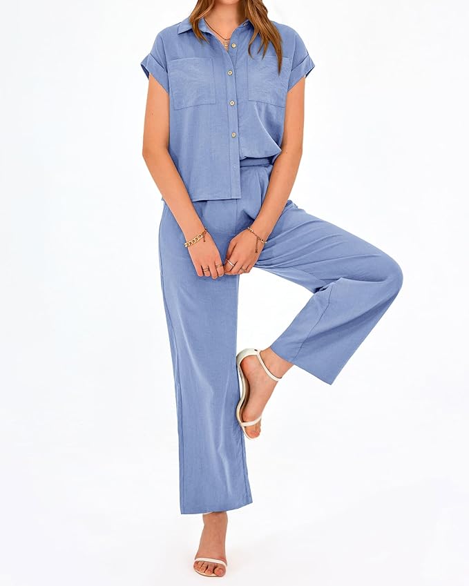 PRETTYGARDEN Womens 2 Piece sets Summer Cap Sleeve Tops Palazzo Pants Dressy Casual Vacation Travel Outfits Tracksuits