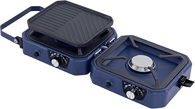 2-Burner Foldable Cetro Camping Stove CFBM PF-1921 with Griddle Portable Propane Camp Stove with 2 Adjustable Burners Piez...
