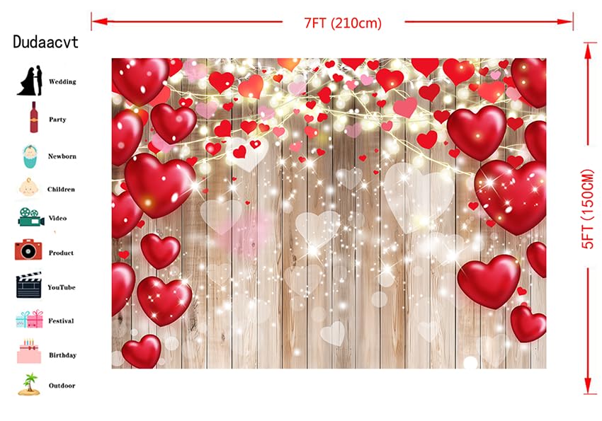 Dudaacvt 7x5ft Valentine's Day Backdrop Rustic Wood Red Love Heart Background for Mother's Day Wedding Bridal Shower Party...
