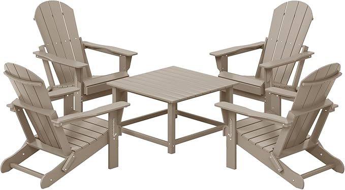 Costaelm Patio Conversation Set, 5 Piece Balcony Furniture, Small Patio Firepit Furniture Outdoor Adirondack Square Coffee Table and Chair for Backyard Lawn Porch Pool Garden, Weathered Wood