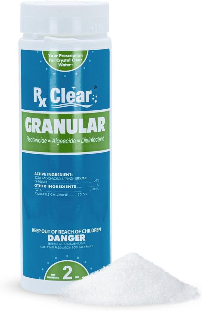 Rx Clear 2 lbs Granular Pool Chlorine | Use As Bactericide, Algaecide, & Disinfectant in Swimming Pools, Hot Tubs, & Spas | Stabilized, Fast Dissolving & UV Protected