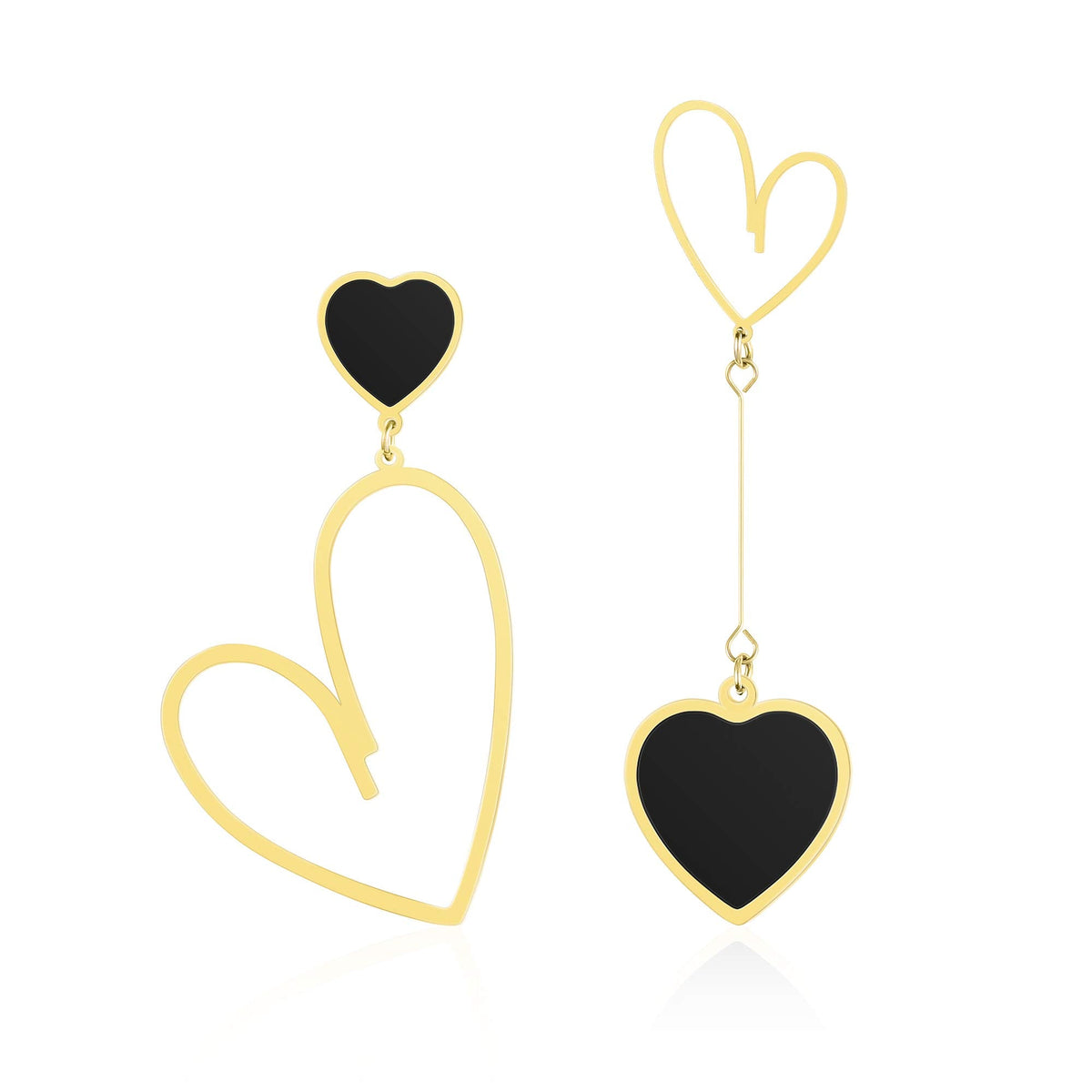 Linawe Gold Black Heart Dangle Earrings for Women Trendy, Asymmetrical Mismatched Cute Drop Earrings Dangling, Titanium Stainles