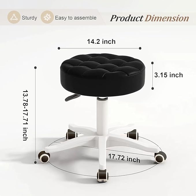 JPBSTO Small Rolling Stool with Wheels, PU Leather Height Adjustable Vanity Work Task Stool, 360 Swivel, Padded Seat Cushion, for Salon, Home, Office