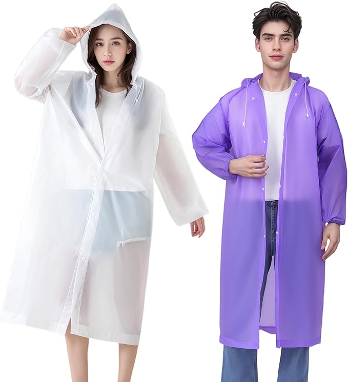 WOHSEROM 2 Pack Adult Rain Ponchos, Heavy Duty Reusable EVA Waterproof Raincoat with Drawstring Hood for Women Men