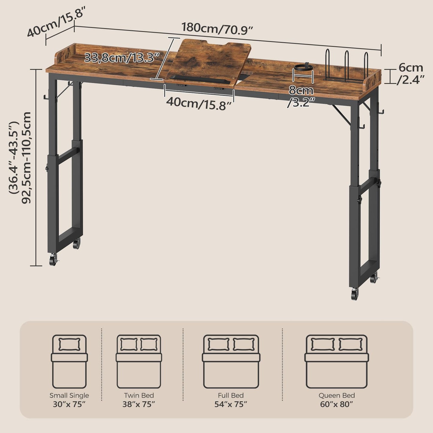 MAHANCRIS Overbed Table with Wheels, Adjustable Height Rolling Table, Mobile Bed Desk for Queen Bed, Computer Desk with Tilt Stand, Bookshelf, Cup Holder, Hooks, Rustic Brown MTHR18101
