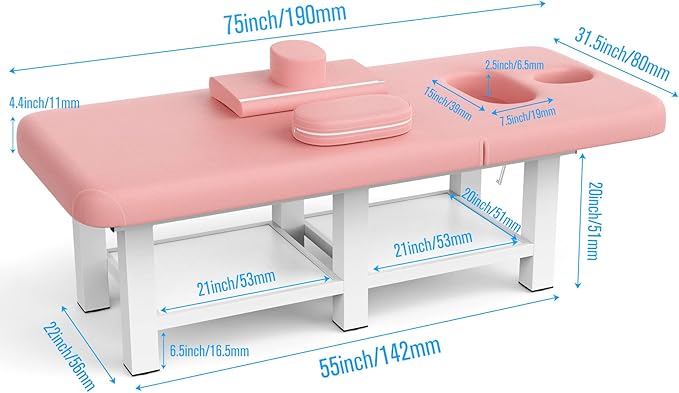 Metal Frame Wide Stationary Massage Table for Treatment Table Physical Therapy Table Spa Facial Bed, PU Leather 31.5'' Wide 75'' Long (Pink, Integral Structure)