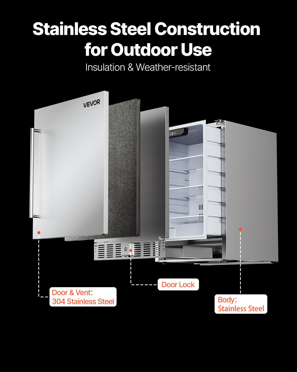VEVOR 24-Inch Indoor/Outdoor Beverage Refrigerator, 150 QT Freestanding or Undercounter Beverage Fridge, 180 Cans Built-in Beer Fridge with Stainless Steel Body for Residential Home Bar Commercial Use
