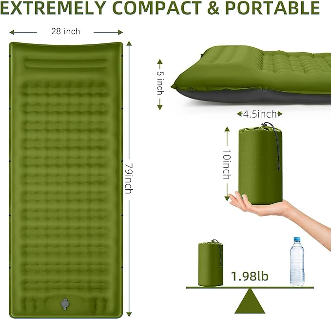 Camping Sleeping Pad, Extra Thick 5 Inch Camping Mat with Pillow, Built-in Foot Pump Inflatable Sleeping Pads Compact for Camping Backpacking Hiking Traveling Tent as Camping Essentials（Yellow）
