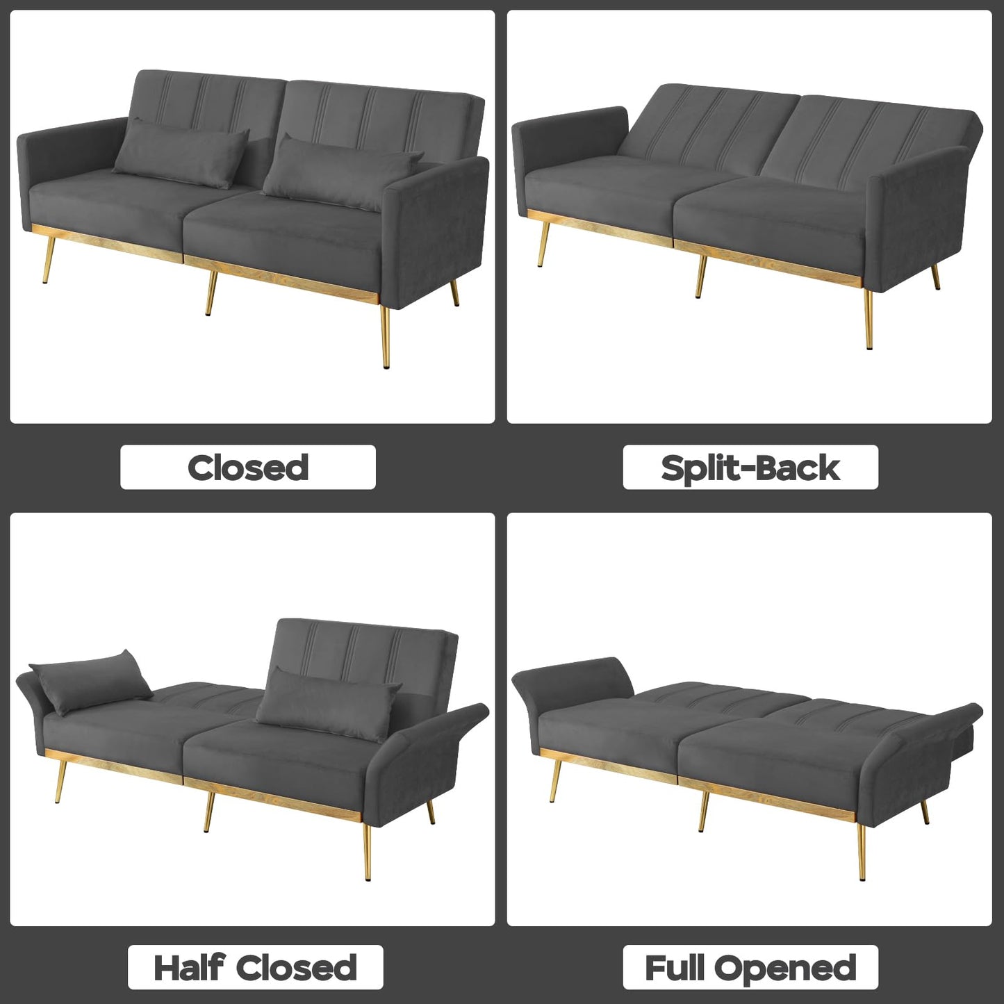 dannratch 70'' Futon Sofa Bed Velvet Convertible Sleeper Sofa Tufted Couch Bed with Adjustable Armrests and Backrest, Modern Loveseat Sleeper Bed with 2 Bolster Pillows for Living Room, Bedroom, Grey