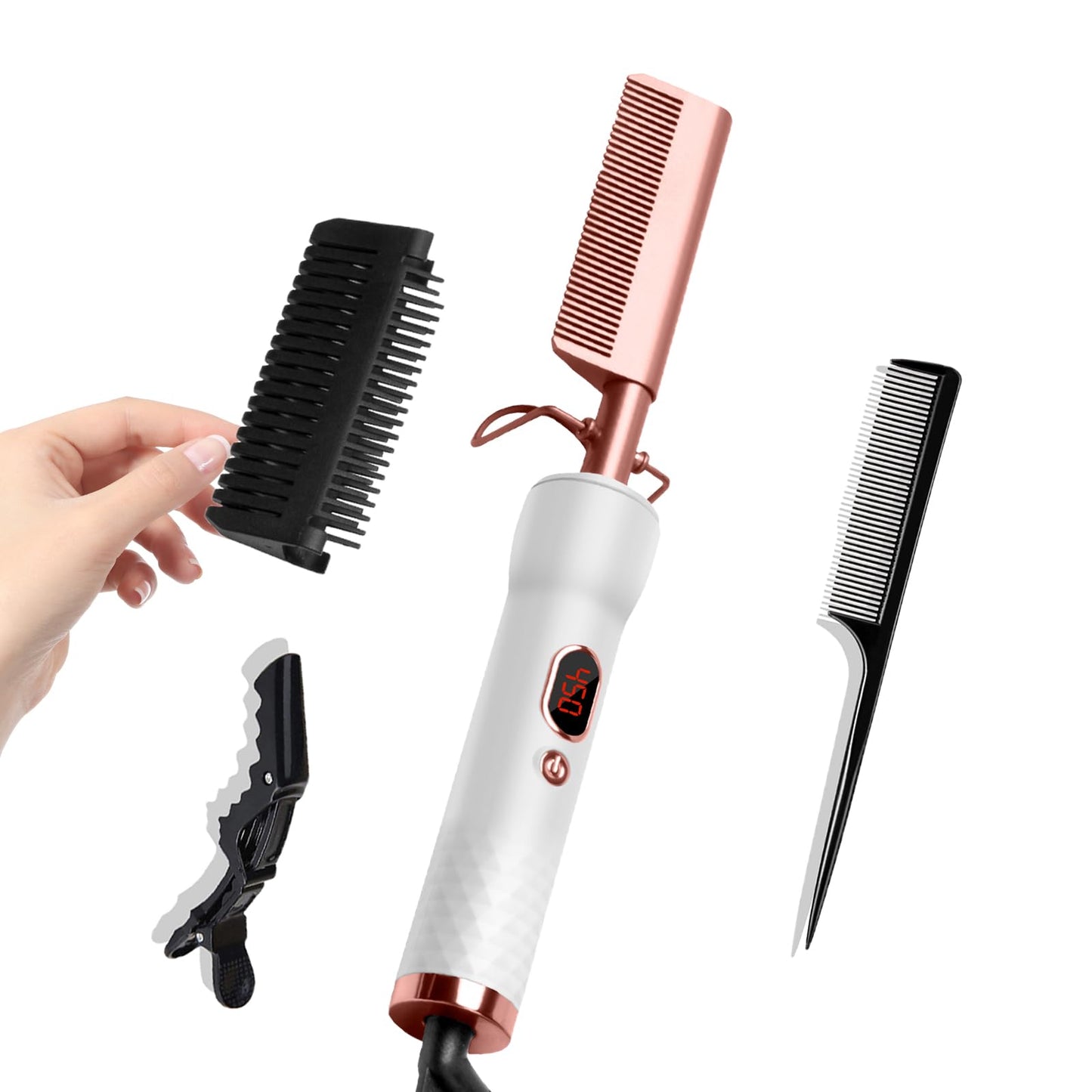 Hot Comb,Straightener and Curling Iron 2 in 1,110-240V Hair Culer for Wigs with 12 Temp Settings,Flat Iron Comb for Black Hair,H
