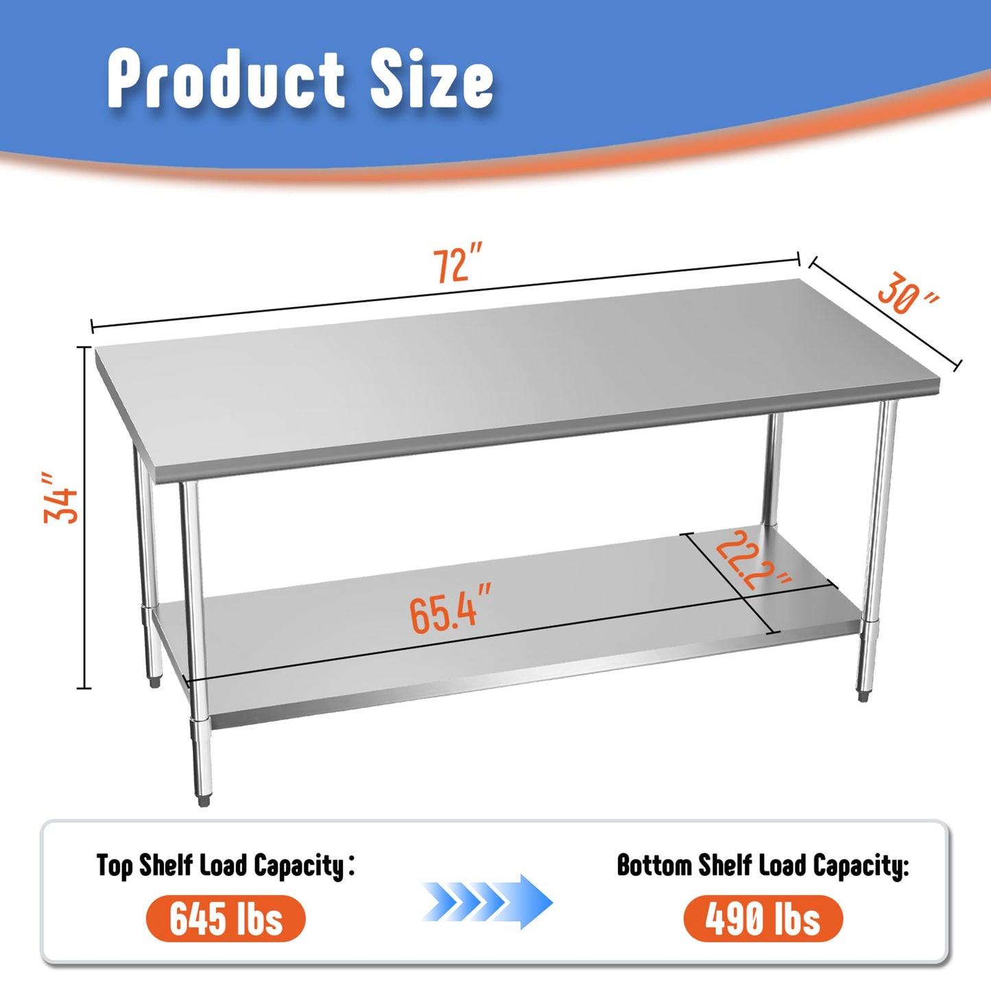 KLEENSTEEL Stainless Steel Work Table with Adjustable Undershelf, 30" x 72" Tabletop, Heavy Duty Multipurpose Food Prep Workstation for Commercial Kitchen, Restaurant, Home, BBQ, and Garage, Silver