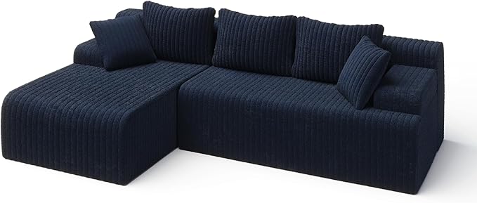 LAUSAINT HOME 96" Modular Sectional Sofa Couches, L-Shaped Boneless Cloud Sofa with 3 Deep Seat, 5 Cushiones Oversized Chaise for Living Room, Bedroom, Plush Corduroy Fabric (Left, Navy Blue)