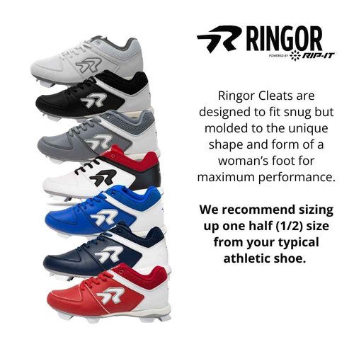 Ringor Flite Softball Cleats for Women - Lightweight and Durable Women's Molded Softball Shoes - White, Red, & Black - Size 9.5