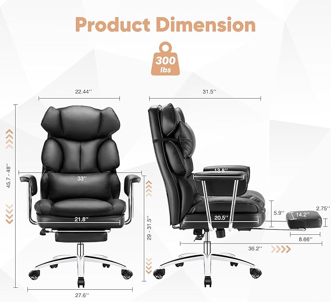 Sweetcrispy Executive Home Office Desk Chair - Ergonomic Big Tall High Back with Footrest & Lumbar Support, Reclining Height Adjustable, Comfy PU Leather Computer Gaming with Swivel Wheels, Black