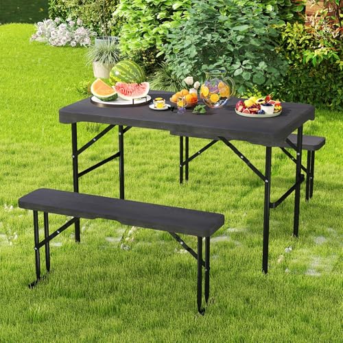 Giantex Folding Picnic Table Bench Set, Rectangular Patio Dining Table Set for 4, with HDPE Tabletop, Metal Frame, Space-S...