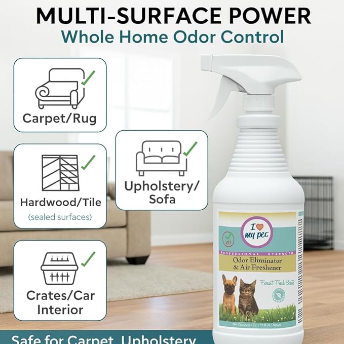 I Love My Pet Odor Eliminator Spray for Home - Instant Neutralizer for Dog and Cat Urine, Carpet, Furniture & Couch Safe, 32oz Forest Fresh Scent - Strongest Enzyme Cleaner for Pet Smell