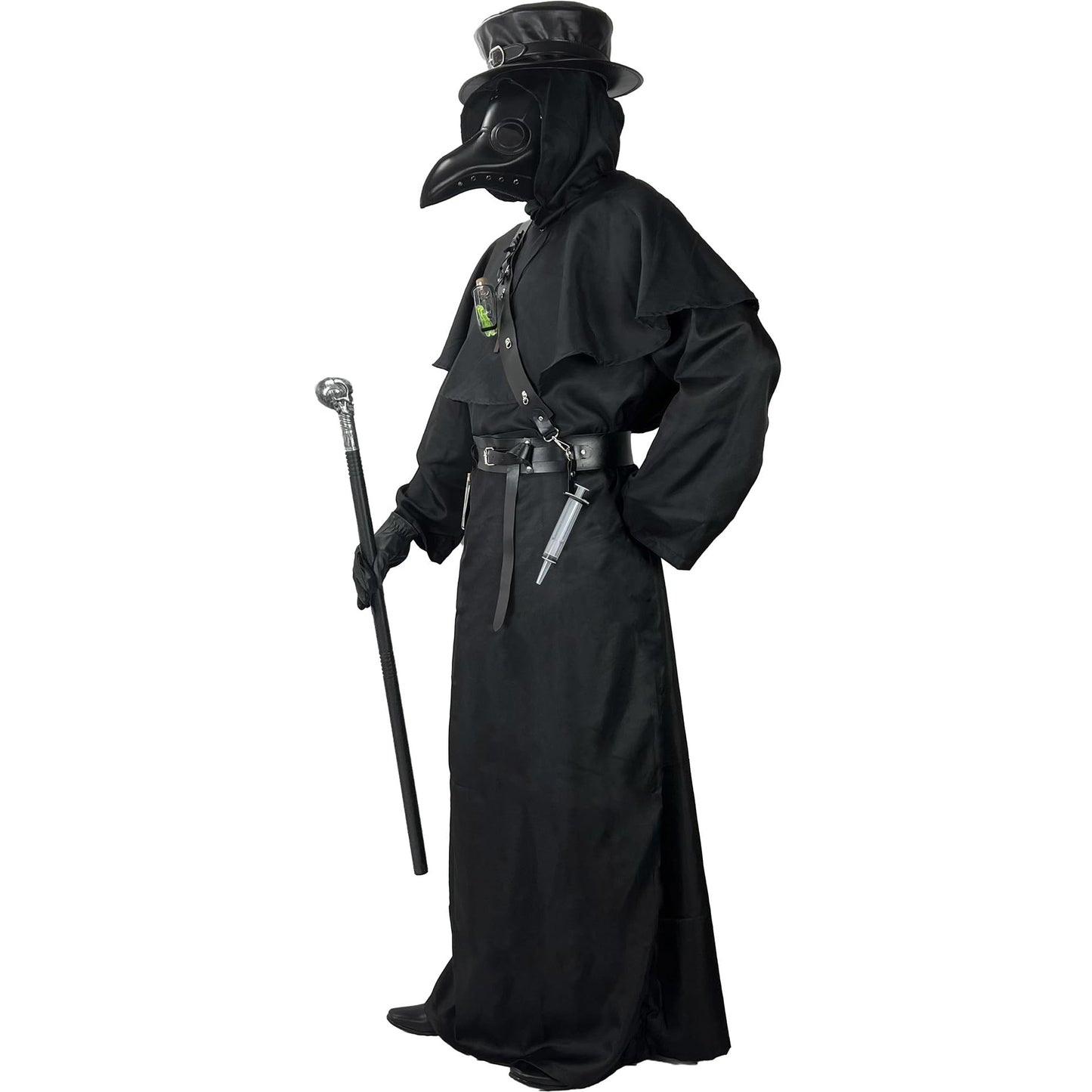 Plague Doctor Costume Set Halloween Props Renaissance Medieval Monk Priest Cosplay Outfit Mask Hat Robe Cane (Black, M)