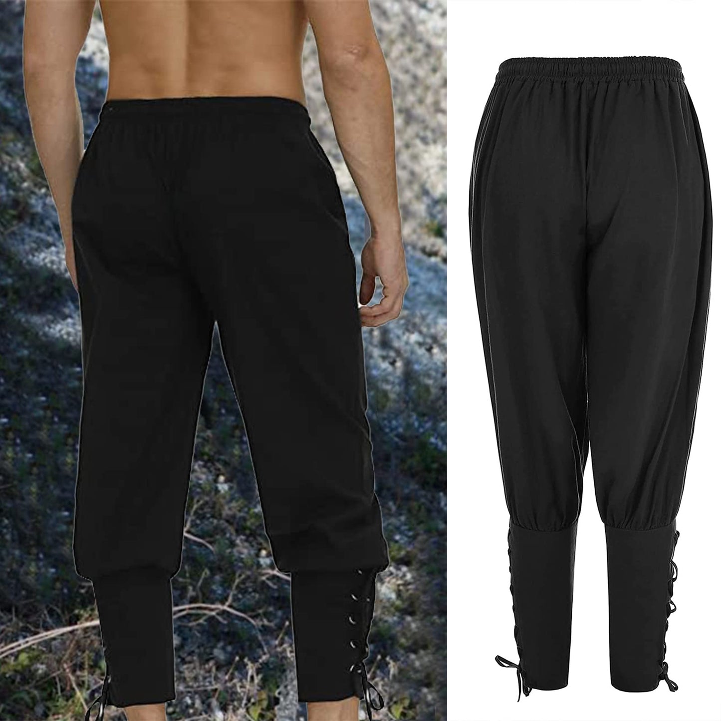 Men's Ankle Banded Pants Medieval Viking Navigator Pirate Costume Trousers Renaissance Gothic Pants, Black, XX-Large