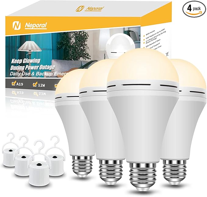 Neporal Emergency Rechargeable Light Bulbs Stay Light Up When Home Power Failure, 15W 80W Equivalent LED 1200mAh Self Charging Emergency Light Bulb for Power Outage, Camping, Tent (Warm White 4PK)