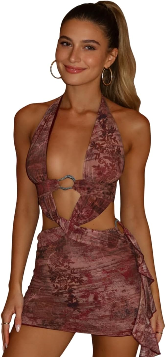 Women's Sexy Halter Tropical Printed Mini Dress Sleeveless A Line Bodycon Dress Backless Party Vacation Dresses