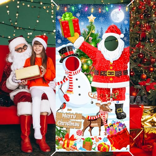 Lecheme Christmas Photo Banner 6x3ft Hole in Face Santa Face Cutout Xmas Backdrop Holiday Photo Booth Props Christmas Part...