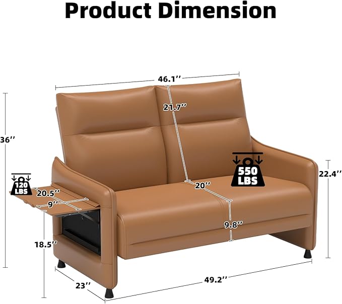 Tbillionnext Faux Leather Loveseat, Upholstered Loveseat with Hidden Foldable Tray & Side Pocket, Rear Contour Arm Design, Modern 2-Seater Sofa Couch for Small Spaces, Bedroom, Brown