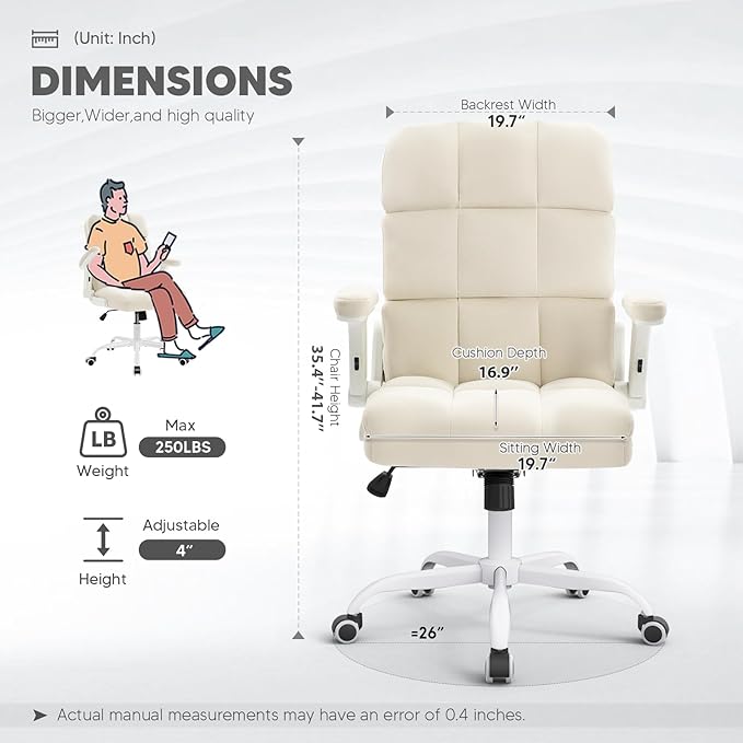 SEATZONE Home Office Chair–Beige Velvet Desk Chair with Wheels, Comfortable Computer Work Chair with Flip-up Arms and Adjustable Tilt