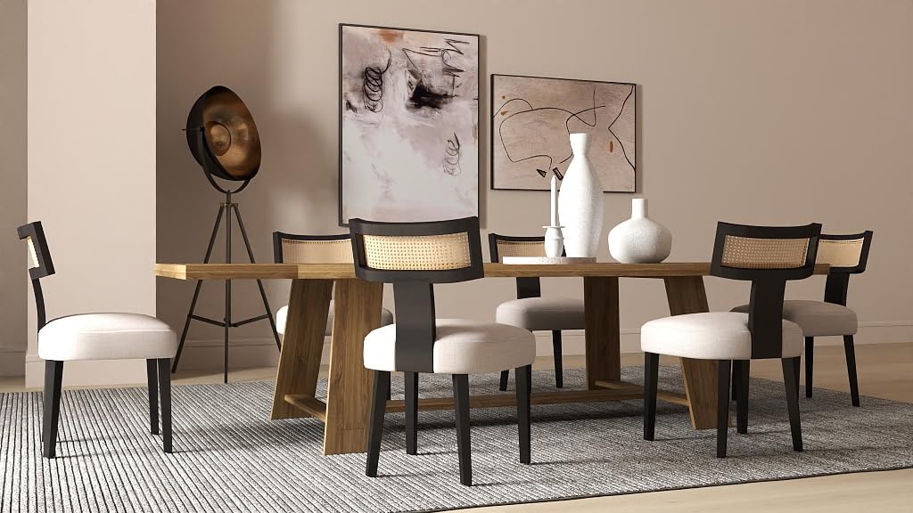 RIVOVA Rattan Dining Chairs Set of 4, Modern Dining Chairs, Kitchen Dining Room Chairs, Curved Cane Back Upholstered Linen Fabric Dining Chairs with Black Wood Frame, Beige