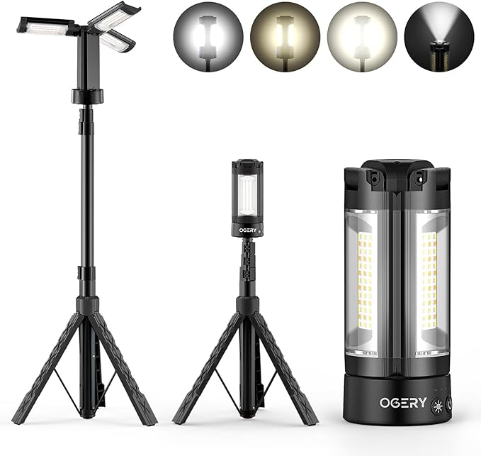 OGERY Rechargeable 10000mAh Camping Light with Stand 6.5 ft Max Height, Cordless Work Light with 3 LED Lamp Heads, 2200 Lu...