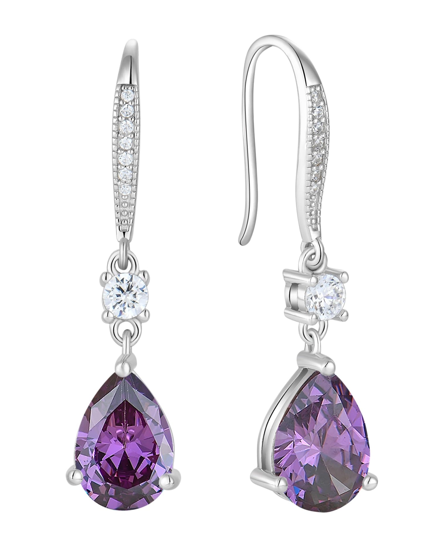 PYNZY Teardrop Dangle Drop Earrings 925 Sterling Silver Earrings with 7x10MM Created Amethyst Birthstones, Dangle Earring for Women Jewelry Gifts