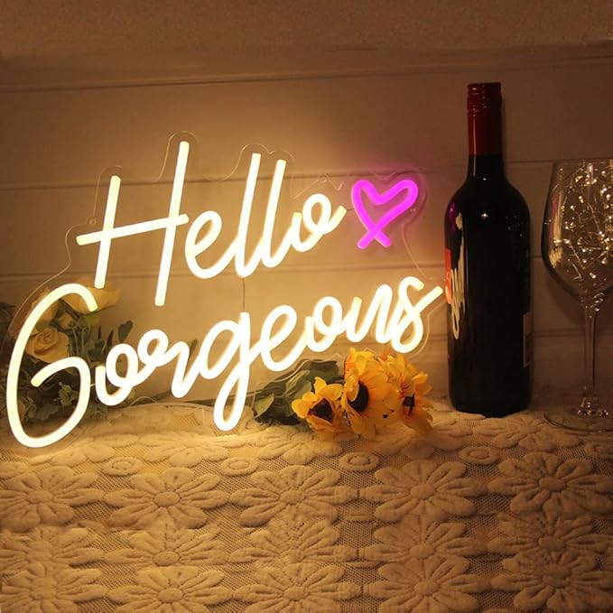 DAKABUKA Hello Gorgeous Neon Sign Hello Beautiful Warm White LED Neon Lights for Home Wedding Birthday Backdrop Bacelorett...
