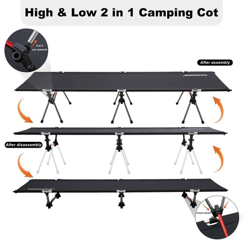 PACOONE 2-in-1 Ultralight Folding Camping Cot with Leg Extenders, Military Camping Cots Bed, Heavy Duty Folding Sleeping Camping Cot for Backpacking Hiking Travel Tent, Support 330 Lbs(Black)