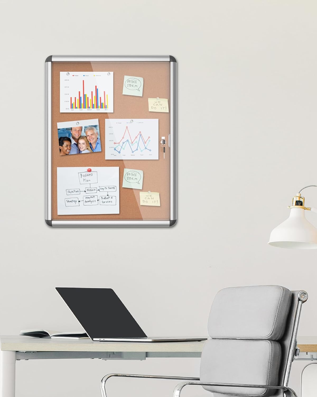 26"x20" Enclosed Bulletin Board, Lockable Weather-Resistant Aluminum Cork Noticeboard for School & Office, Silver Frame w/Cork