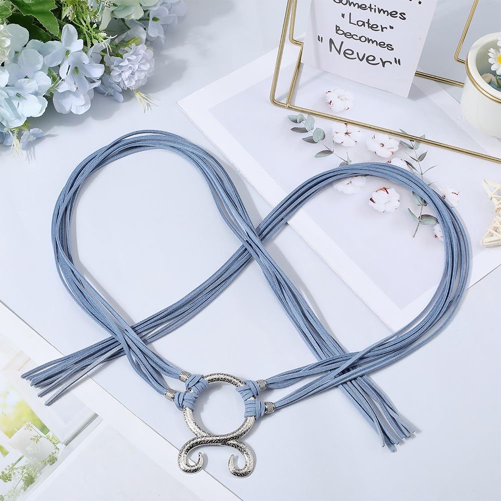 CABODYALS Blue Skinny Tassel Rope Tie Waist Belt Long Viking Troll Cross Norse Witch Medieval Decorative Trendy Waistband Belts with Alloy Ring Bulk for Women Sweater Dresses Clothes Shirt Accessories