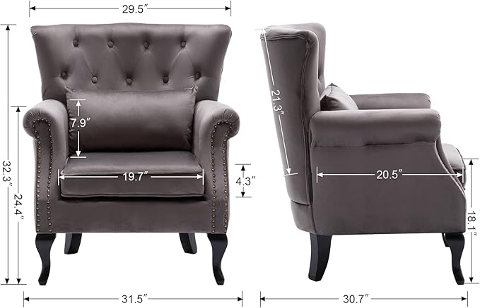 chairus Mid-Century Modern Accent Chairs Set of 2, Comfy Tufted Single Sofa Chair Wingback Armchair with Pillow for Club, Living Room, Bedroom - Velvet, Grey
