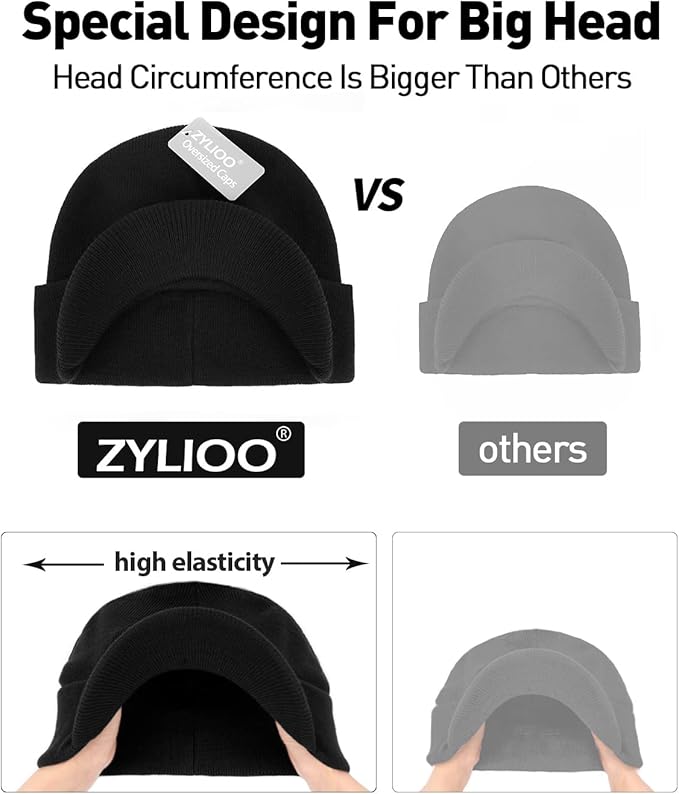 Zylioo Oversize Beanie Hats, XXL Big Size Ribbed Knit Cuffed Winter Hat for Cold Weather, Warm Skull Watch Cap