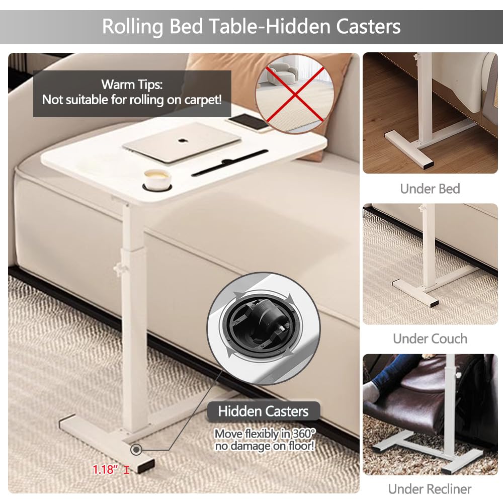 BeGyoku Overbed Table,Over The Bed Table with Hidden Wheels&Cup Holder,Adjustable Bedside Table and Rolling Table Tray&Laptop Cart,Hospital Table Over Bed for Home Use-White